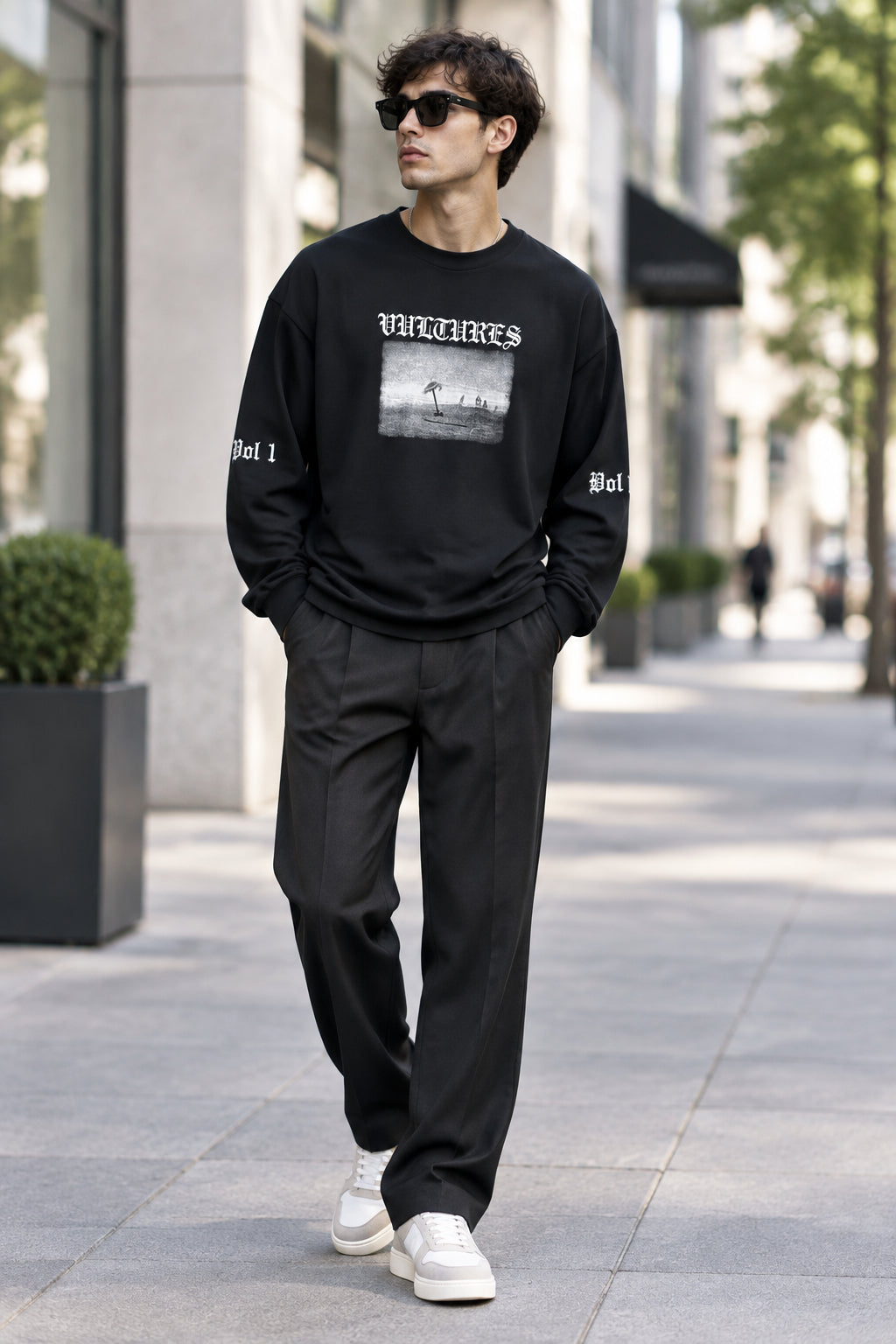 Men's long sleeve t‑shirt with Vultures album cover graphic print, front view