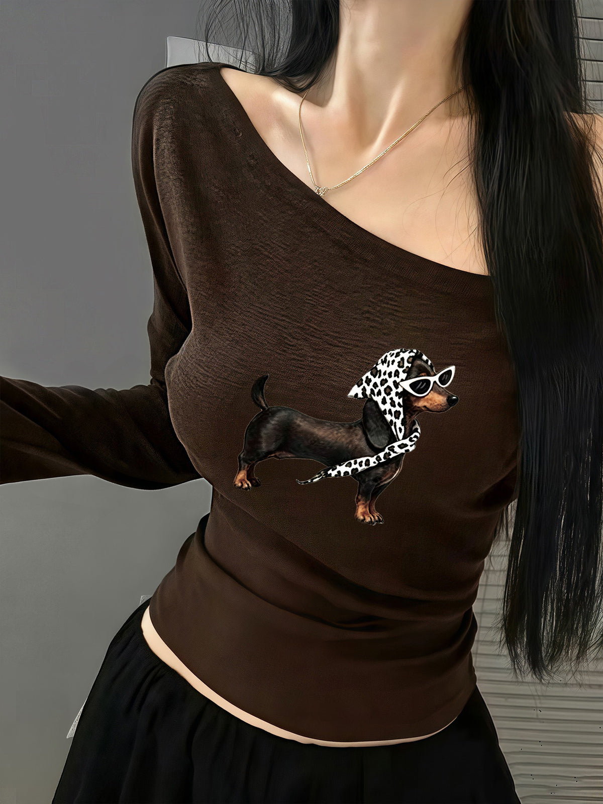 Asymmetric Off-Shoulder Slim-Fit Long Sleeve Top